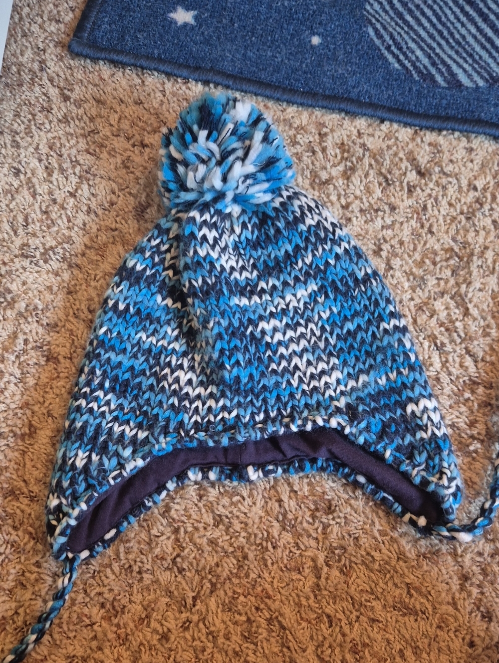 Kids Blue Marled Pom-Pom Earflap Hat